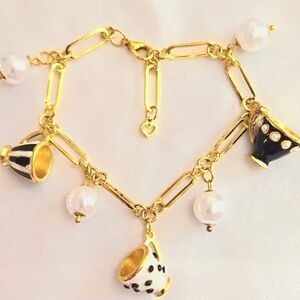 🐰 New Alice in Wonderland Teacups And Pearls Paperclip Chain Bracelet - B&W 🐇